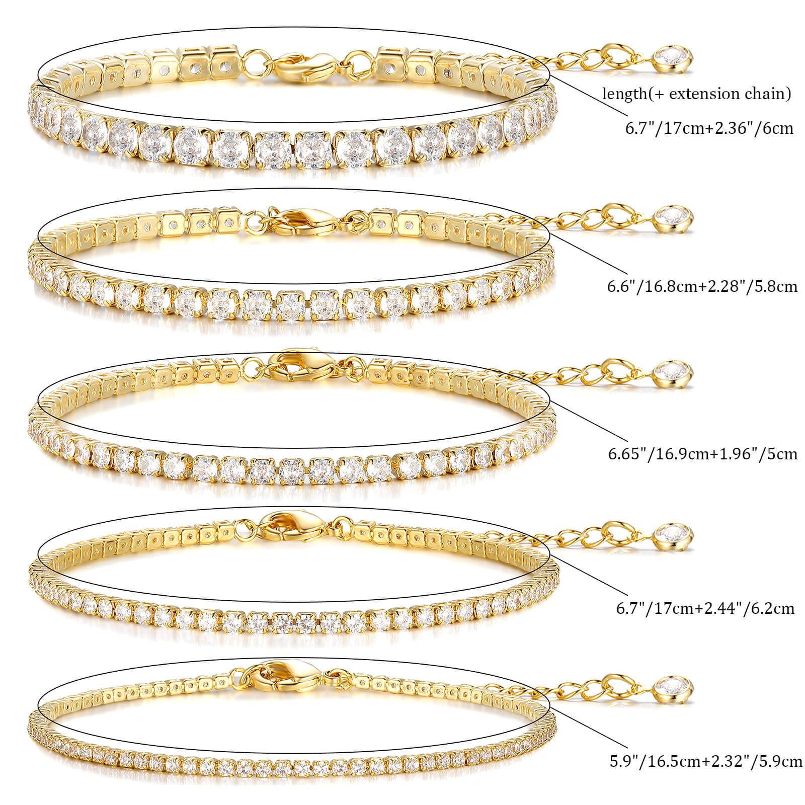 5 PCS Gold Bracelets for Women Teen Girls, 14K Real Gold Plated Adjustable Cubic Zirconia Dainty Tennis Anklet Bracelets Pack, Classic Bracelets Aesthetic Jewelry for Gift