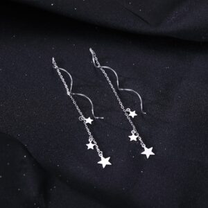 SLUYNZ Sterling Silver Stars Dangle Earrings Chain for Women Curve Stars Dangle Earrings Long Threader (A-Silver)