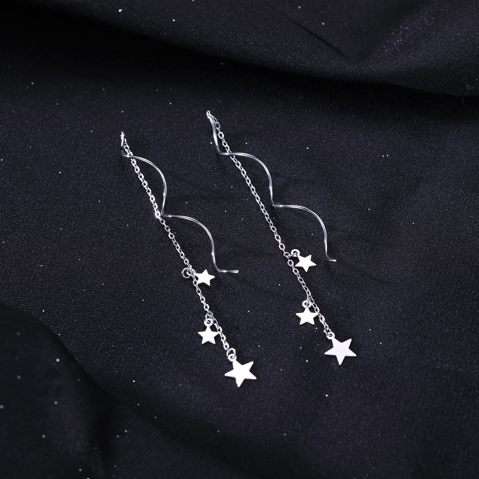 SLUYNZ Sterling Silver Stars Dangle Earrings Chain for Women Curve Stars Dangle Earrings Long Threader (A-Silver)