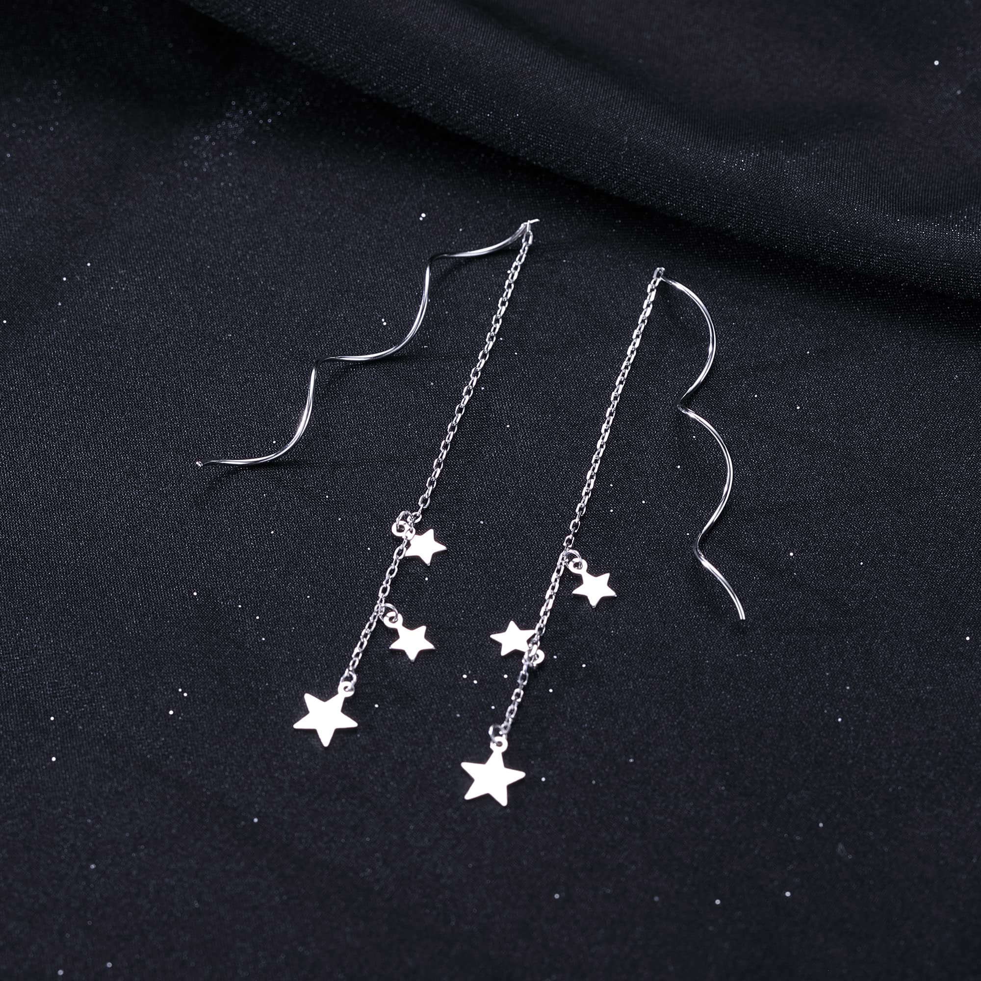 SLUYNZ Sterling Silver Stars Dangle Earrings Chain for Women Curve Stars Dangle Earrings Long Threader (A-Silver)