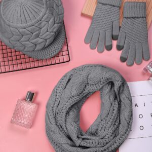 URATOT 3 Pieces Women Winter Hat Scarf Glove Set Warm Skull Beanie Hat with Visor Knitted Touch Screen Glove Scarf 3 In 1 Set