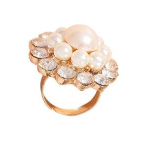 dtja rhinestone pearl flower statement wedding ring for women vintage cz crystal faux pearls cluster adjustable open wrap rings christmas birthday cocktail party jewelry gold plated