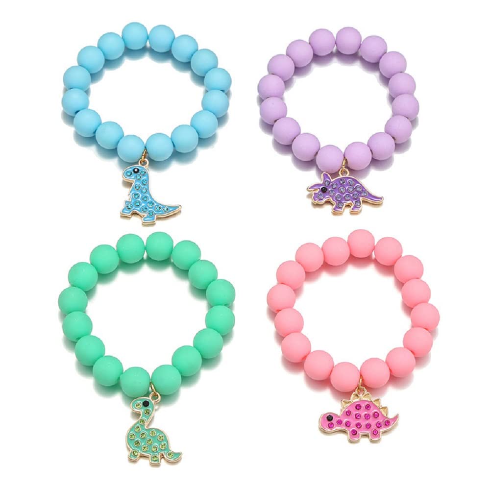 Colorful Enamel Dinosaur Charm Acrylic Beaded Strand Bracelet Set Round Beads for Women Cute Friendship Best Friend Preppy Y2k Party Jewelry-4pcs Dinosaurs