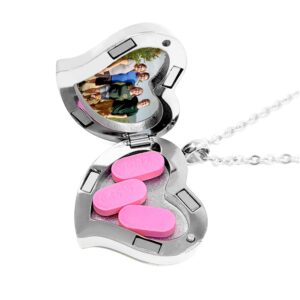 Amour Heart Pill Necklace,Polished Heart Locket with Strong Magnetic Closure,Medication Necklace,Heart Locket Necklace with 26 Inches Chain, No Gemstone