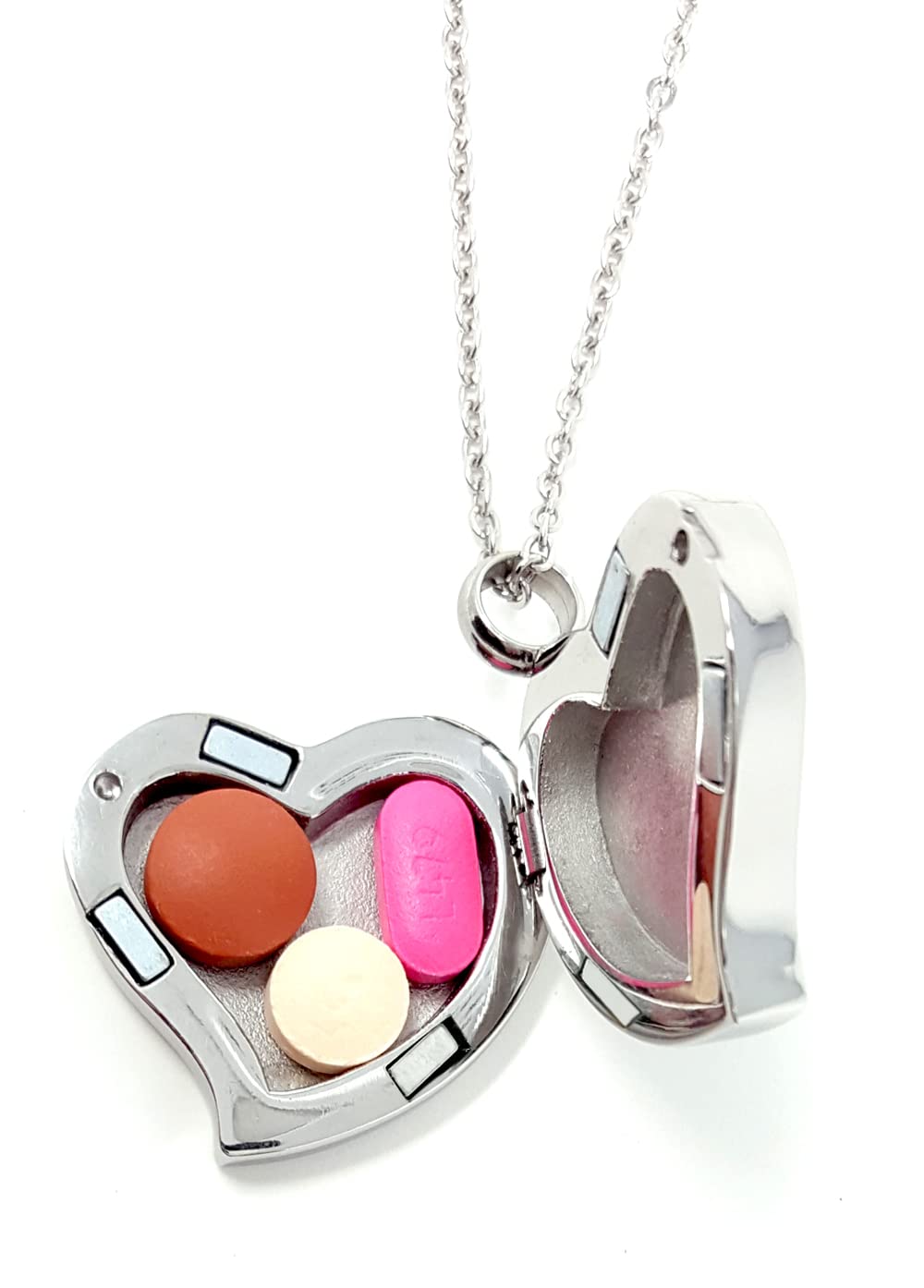 Amour Heart Pill Necklace,Polished Heart Locket with Strong Magnetic Closure,Medication Necklace,Heart Locket Necklace with 26 Inches Chain, No Gemstone