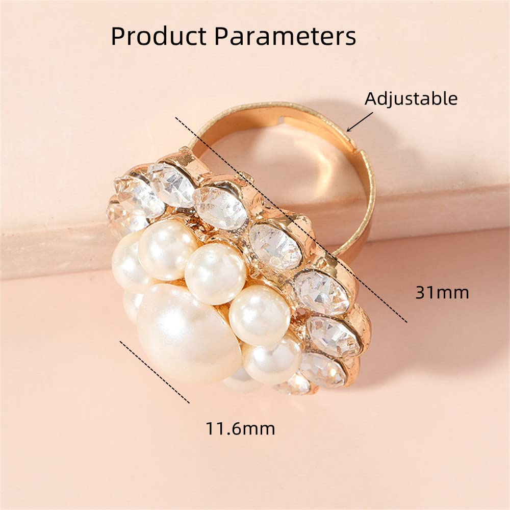 Dtja Rhinestone Pearl Flower Statement Wedding Ring for Women Vintage CZ Crystal Faux Pearls Cluster Adjustable Open Wrap Rings Christmas Birthday Cocktail Party Jewelry Gold Plated