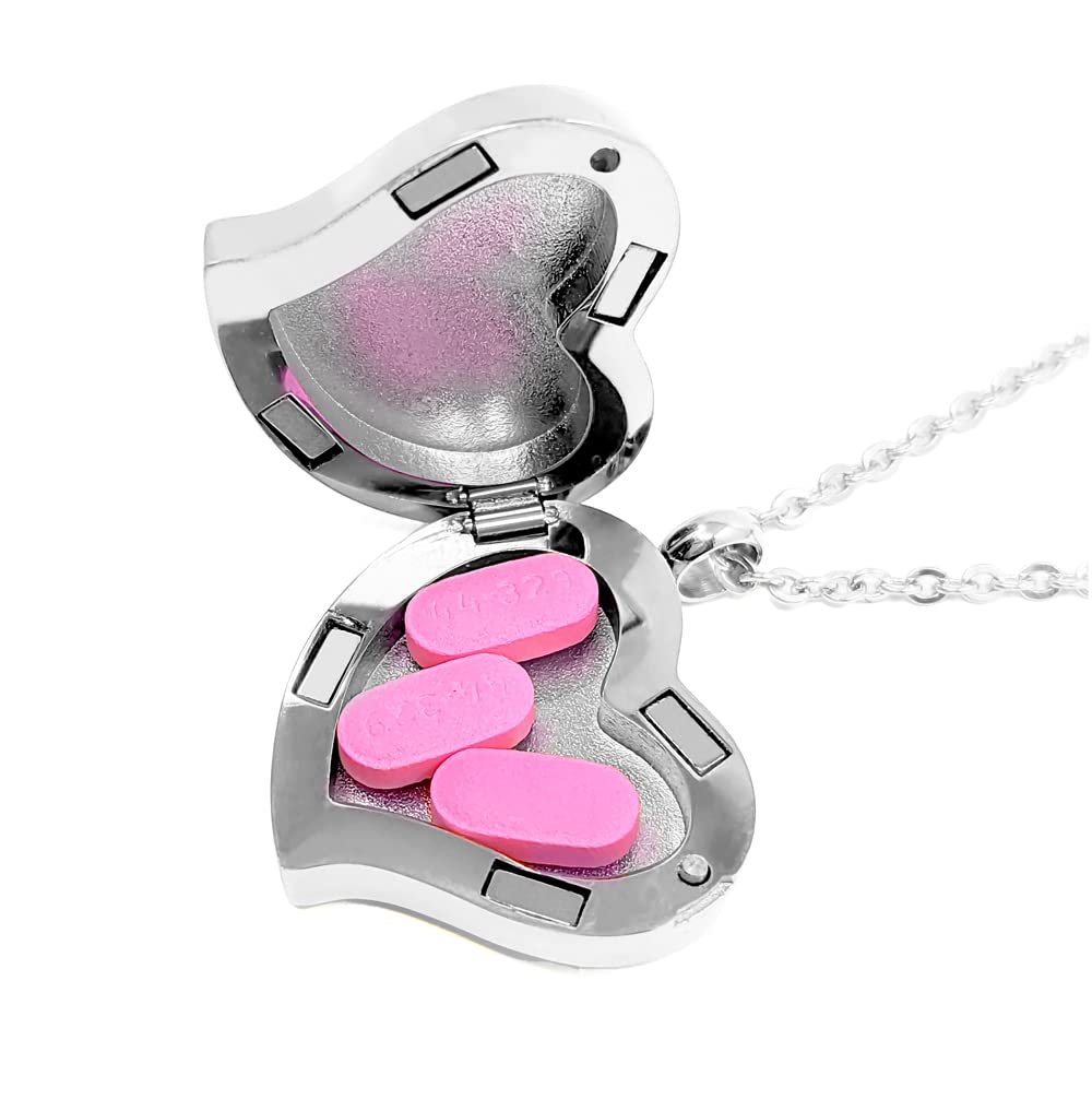 Amour Heart Pill Necklace,Polished Heart Locket with Strong Magnetic Closure,Medication Necklace,Heart Locket Necklace with 26 Inches Chain, No Gemstone