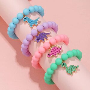 Colorful Enamel Dinosaur Charm Acrylic Beaded Strand Bracelet Set Round Beads for Women Cute Friendship Best Friend Preppy Y2k Party Jewelry-4pcs Dinosaurs