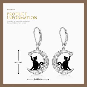 Black Cat Earrings For Women Sterling Silver 925 Kitty Cat Moon Earrings Dangle Jewelry Hypoallergenic Leverback Cute Valentines Christmas Gifts