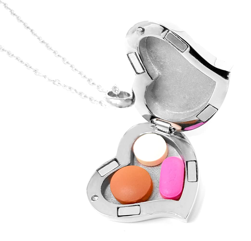 Amour Heart Pill Necklace,Polished Heart Locket with Strong Magnetic Closure,Medication Necklace,Heart Locket Necklace with 26 Inches Chain, No Gemstone