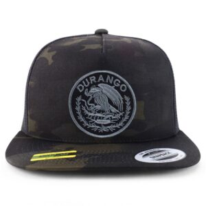 Trendy Apparel Shop Durango Mexico Patch 5 Panel Flatbill Trucker Cap - Black Camo - Charcoal Patch