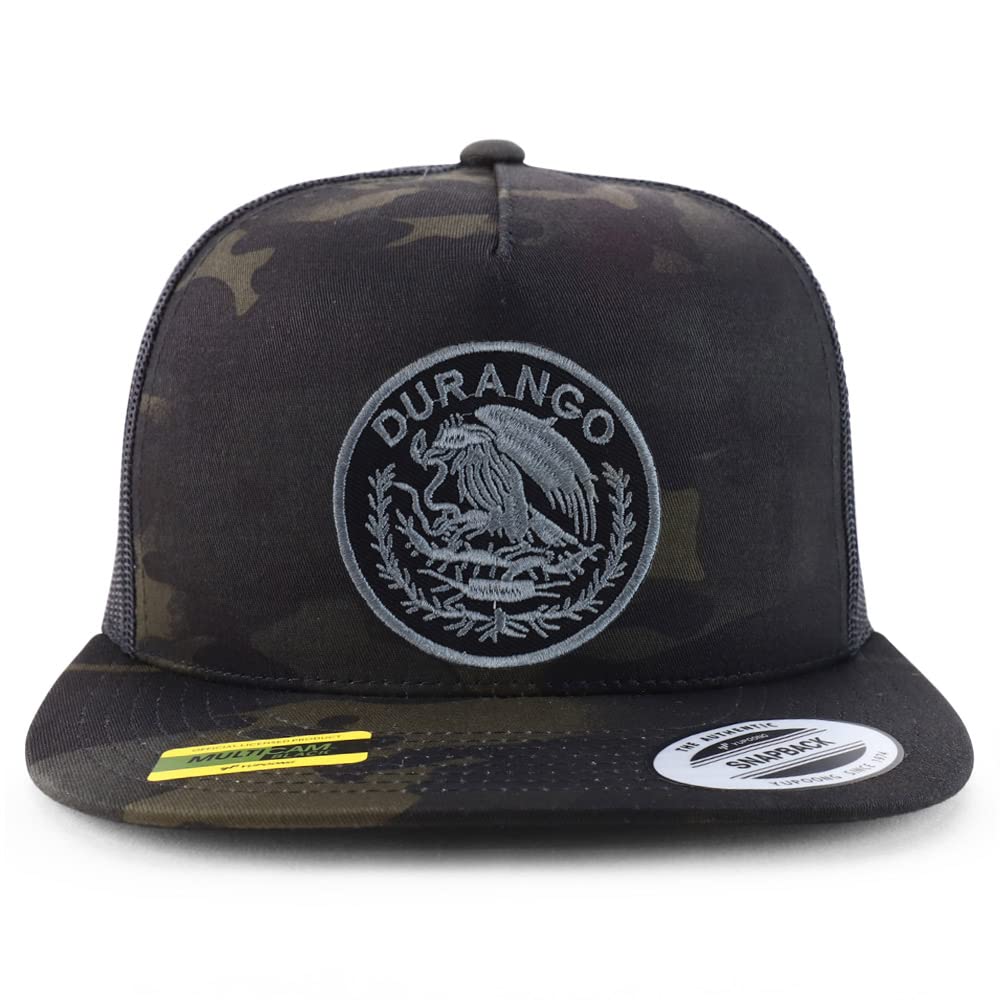 Trendy Apparel Shop Durango Mexico Patch 5 Panel Flatbill Trucker Cap - Black Camo - Charcoal Patch