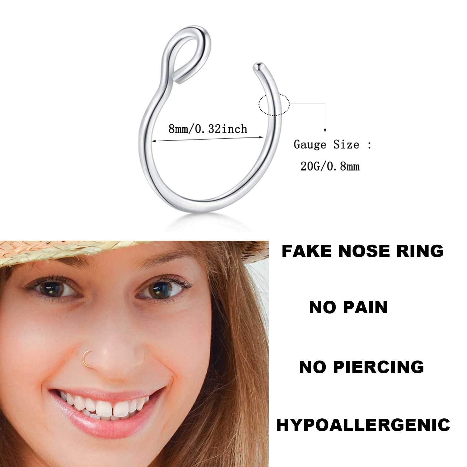 20G Fake Nose Ring Hoop Hypoallergenic,14K Gold Clip on Nose Ring No Piercing Needed Faux Nostril Piercing Jewelry,Nose,Set of 5Pcs (14K Gold)