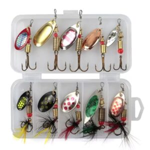 tgpiao 10pcs fishing lure spinnerbait for bass trout, colorful hard metal baits fishing lure kit set, for freshwater saltwater fishing lure，with tackle boxes