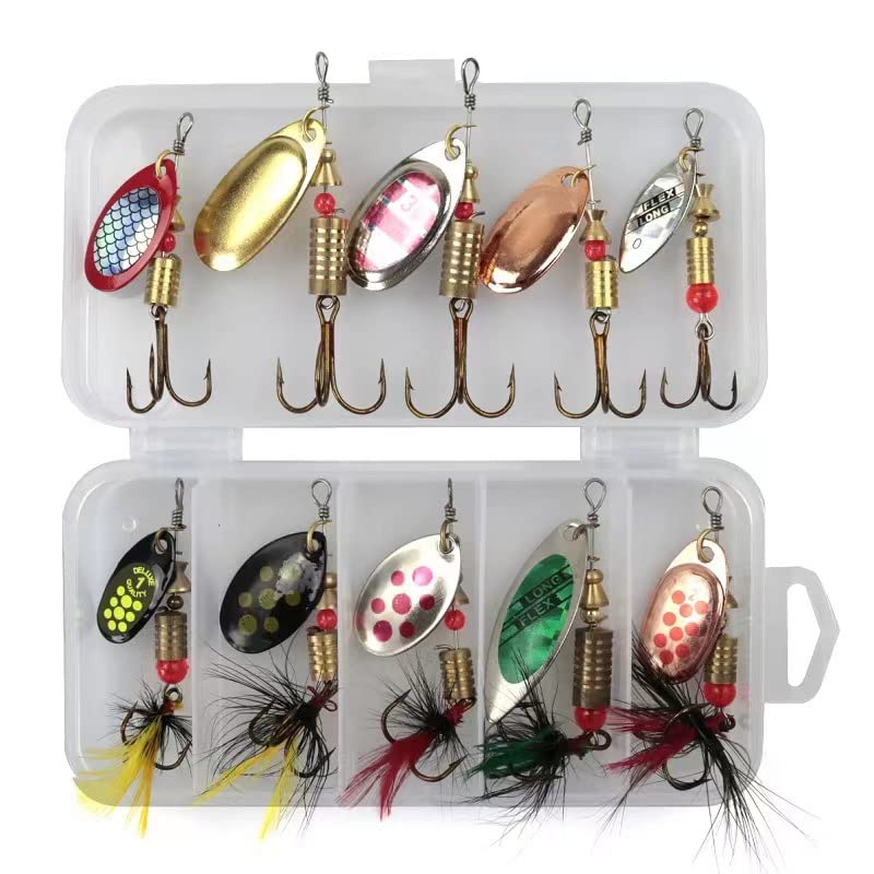 Tgpiao 10pcs Fishing Lure Spinnerbait for Bass Trout, Colorful Hard Metal Baits Fishing Lure Kit Set, for Freshwater Saltwater Fishing Lure，with Tackle Boxes