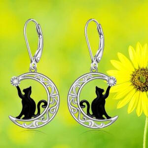 Black Cat Earrings For Women Sterling Silver 925 Kitty Cat Moon Earrings Dangle Jewelry Hypoallergenic Leverback Cute Valentines Christmas Gifts