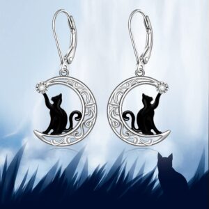 Black Cat Earrings For Women Sterling Silver 925 Kitty Cat Moon Earrings Dangle Jewelry Hypoallergenic Leverback Cute Valentines Christmas Gifts