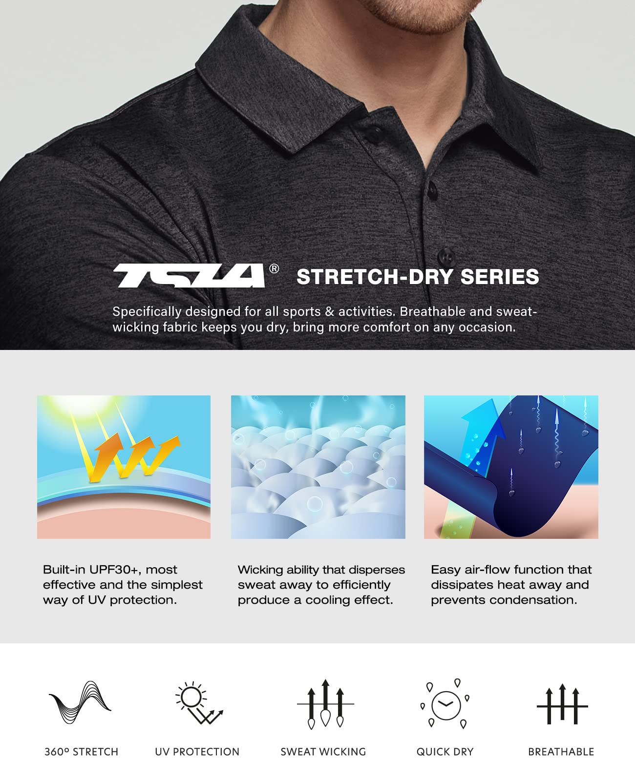 TSLA Men's Long Sleeve Cooling Polo Shirts, UPF Sun Protection Stretch Cool Dry Golf Shirt, Active Business Casual Shirts, Stretch Dry Polo Heather Black, XX-Large