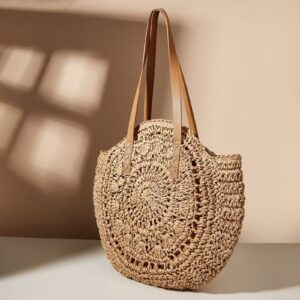 Straw Bag Women Handmade Shoulder Handbag Large Beach Bag Handwoven Round Tote Camel