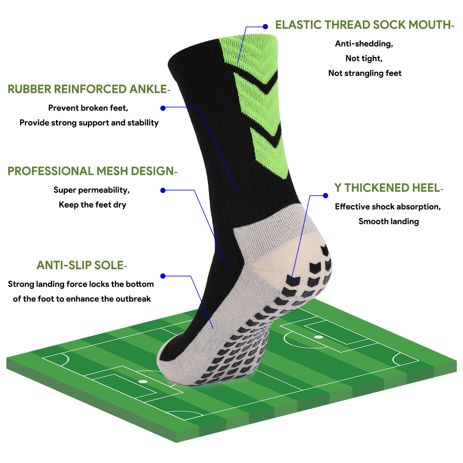 QCWQMYL Men Grip Socks Soccer Athletic Training Green Socks Gripper Soccer Socks Pilates Non-Slip Slipper Socks 1 Pairs