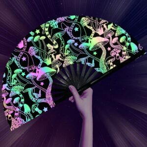 omytea reflective rave hand fan foldable for women/men/drag queen - large clack festival folding hand fan - for edm, music festival, event, party, dance, performance (mushroom)