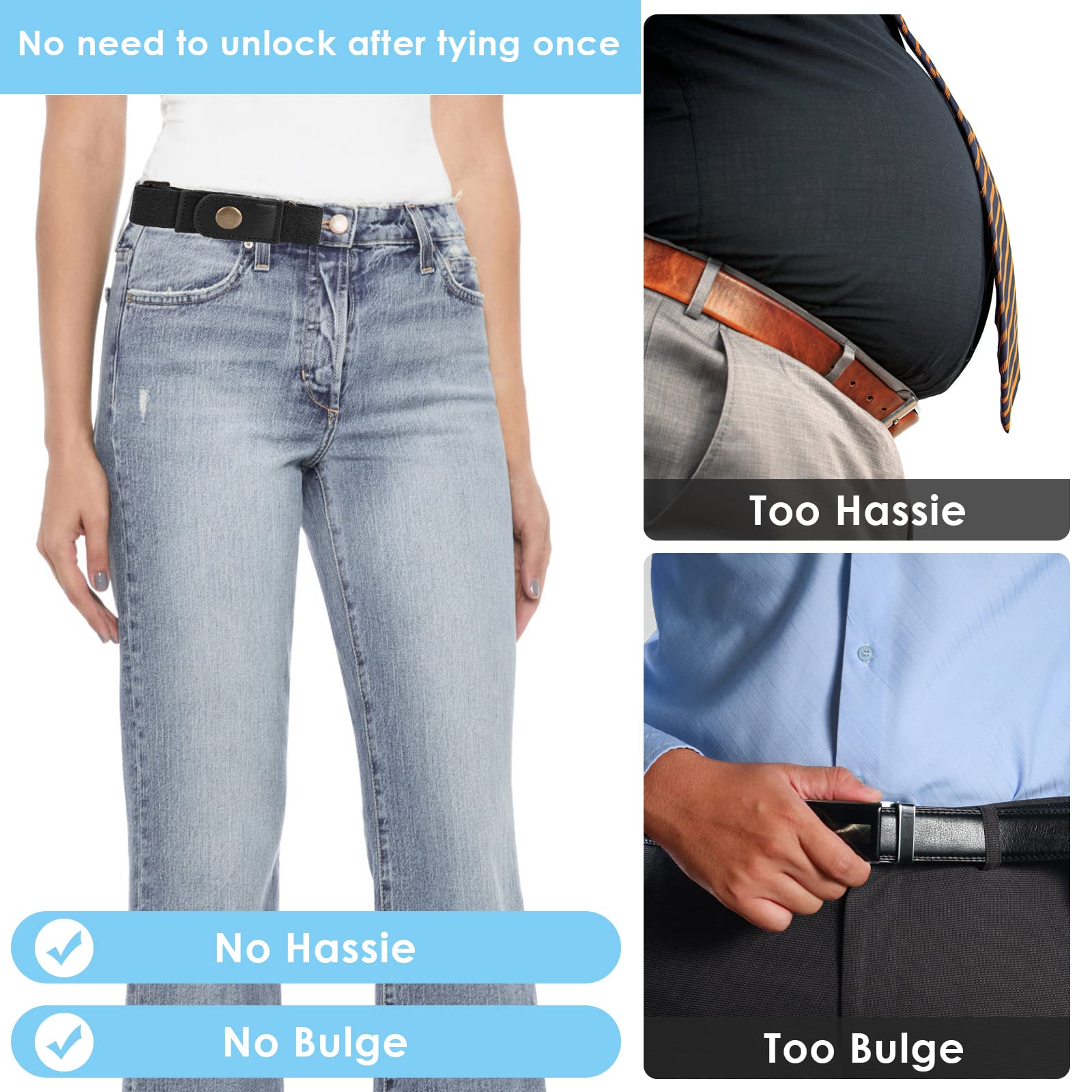 Lusofie 2pcs No Buckle Belt Women，Belt Elastic Comfortable Invisible Belt for Jeans