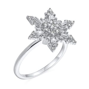 Winter Holiday Christmas Statement Clear Cubic Zirconia Flower CZ Snowflake Fidget Spinner Ring Cocktail For Women.925 Sterling Silver