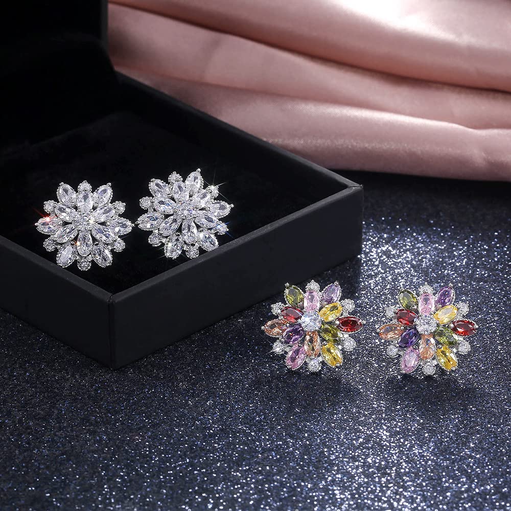 Luxury Full Diamond Sun Flower Earrings, 925 Zircon Wedding Party Bridal Earrings, Highlight The Temperament Earrings for Party, Christmas Decorations Gift for Womens (White)