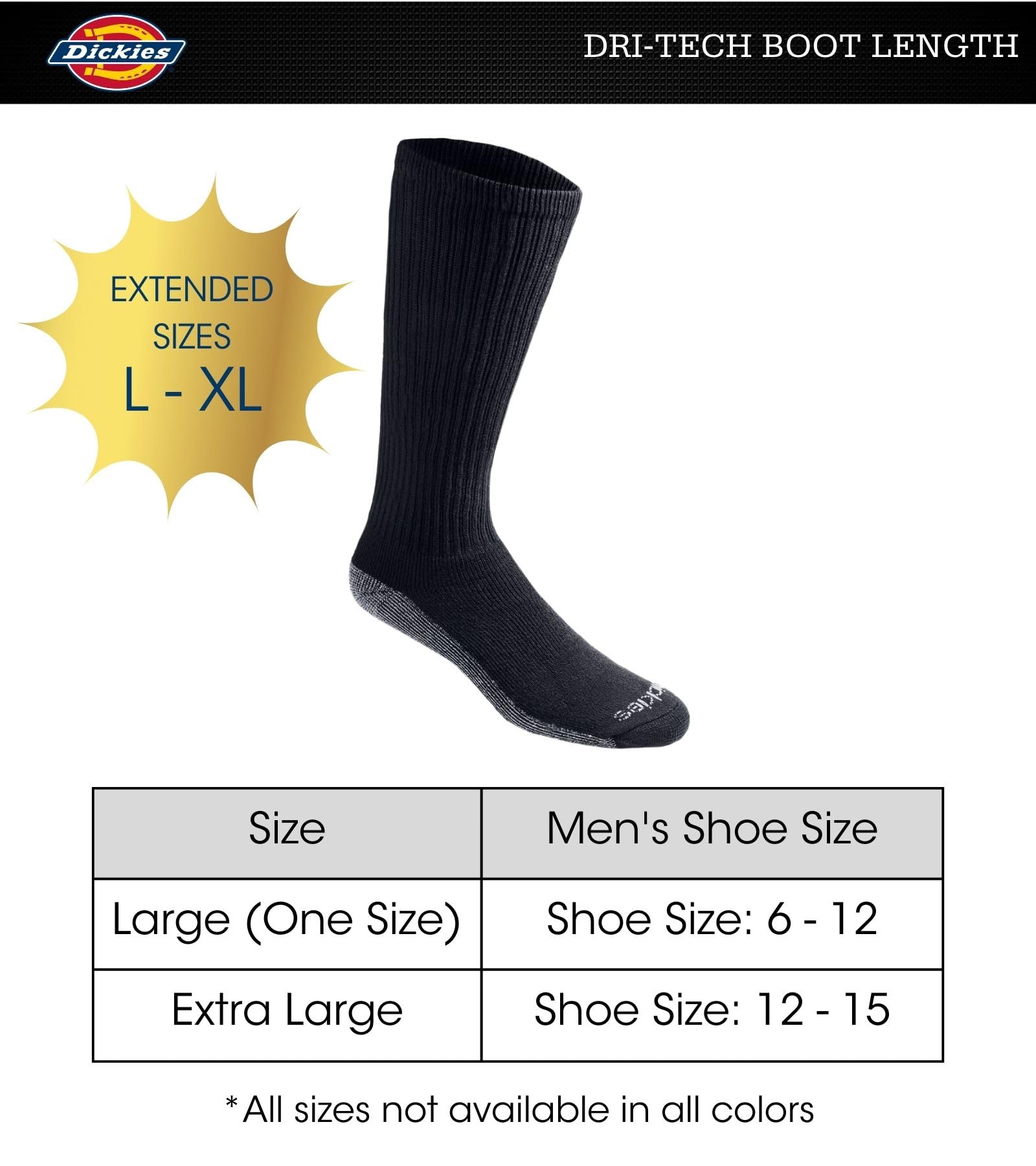 Dickies Mens Multi-pack Dri-tech Moisture Control Boot-length Socks, Black (12 Pairs), 6-12 US