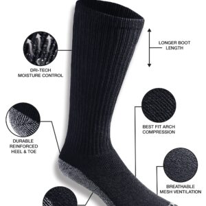 Dickies Mens Multi-pack Dri-tech Moisture Control Boot-length Socks, Black (12 Pairs), 6-12 US