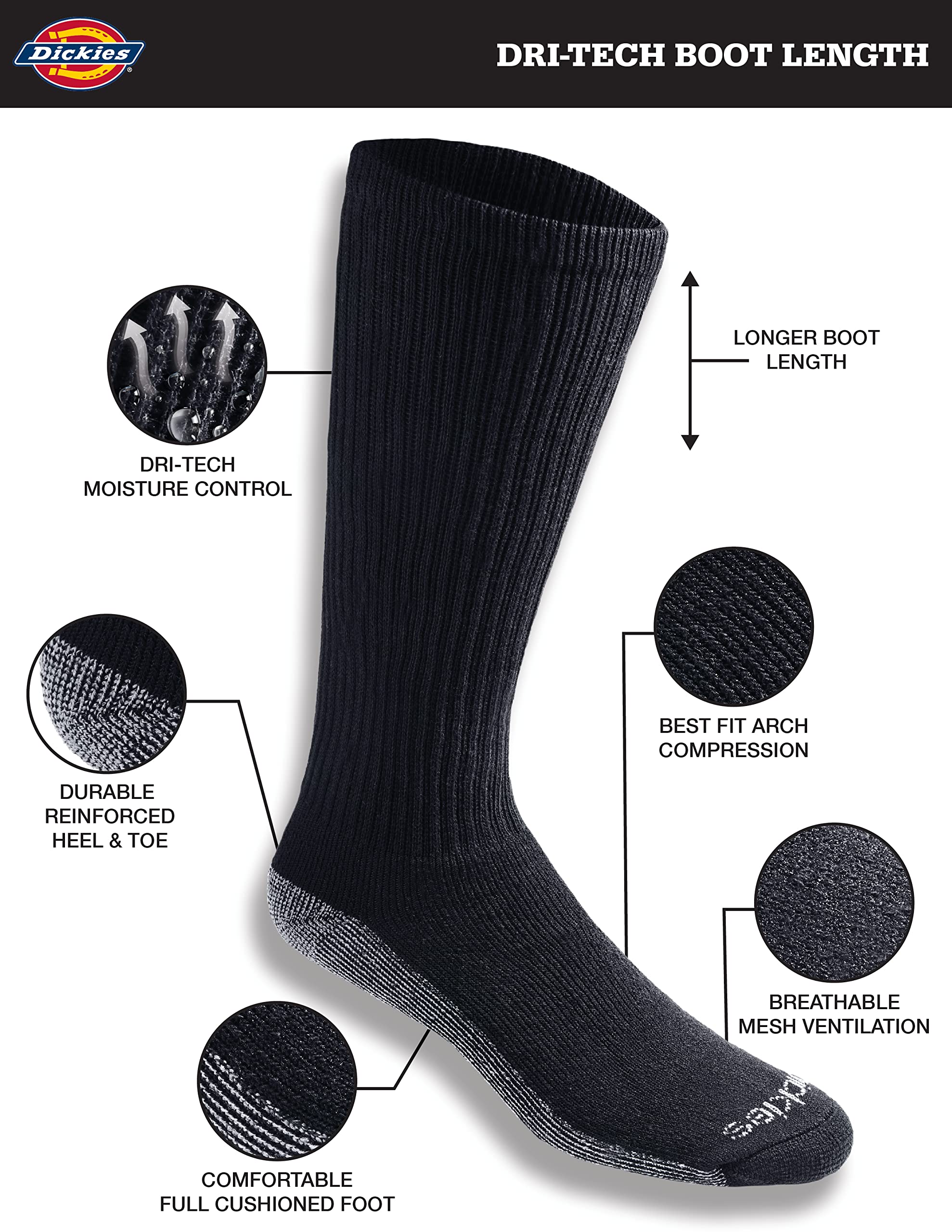 Dickies Mens Multi-pack Dri-tech Moisture Control Boot-length Socks, Black (12 Pairs), 6-12 US