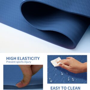 nuveti TPE Large Yoga Mat Non-Slip Exercise Fitness Mat with Carry Bag Eco Friendly Yoga Mats for Women 72"x24" Extra Thick 8mm for Home, Pilates and Floor Exercises Workout Mats DarkBlue