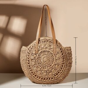 Straw Bag Women Handmade Shoulder Handbag Large Beach Bag Handwoven Round Tote Camel