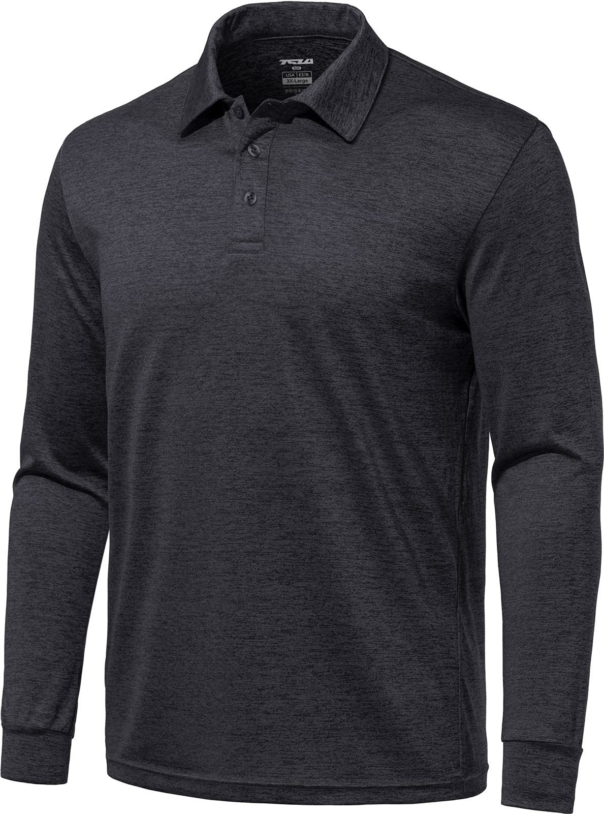 TSLA Men's Long Sleeve Cooling Polo Shirts, UPF Sun Protection Stretch Cool Dry Golf Shirt, Active Business Casual Shirts, Stretch Dry Polo Heather Black, XX-Large