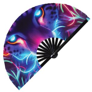 Cheetah Neon Hand Fan Foldable Bamboo Circuit Rave Hand Fans Leopard Rainbow Galaxy Party Gear Gifts Music Festival Rave Accessories (Style 5)