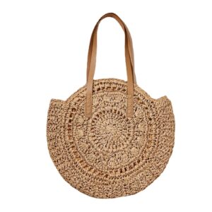 straw bag women handmade shoulder handbag large beach bag handwoven round tote camel