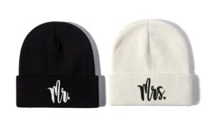 hepandy mr and mrs beanies matching skullies hats couples set, embroidered black white winter warm knit knitted hat, honeymoon wedding gift