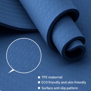 nuveti TPE Large Yoga Mat Non-Slip Exercise Fitness Mat with Carry Bag Eco Friendly Yoga Mats for Women 72"x24" Extra Thick 8mm for Home, Pilates and Floor Exercises Workout Mats DarkBlue