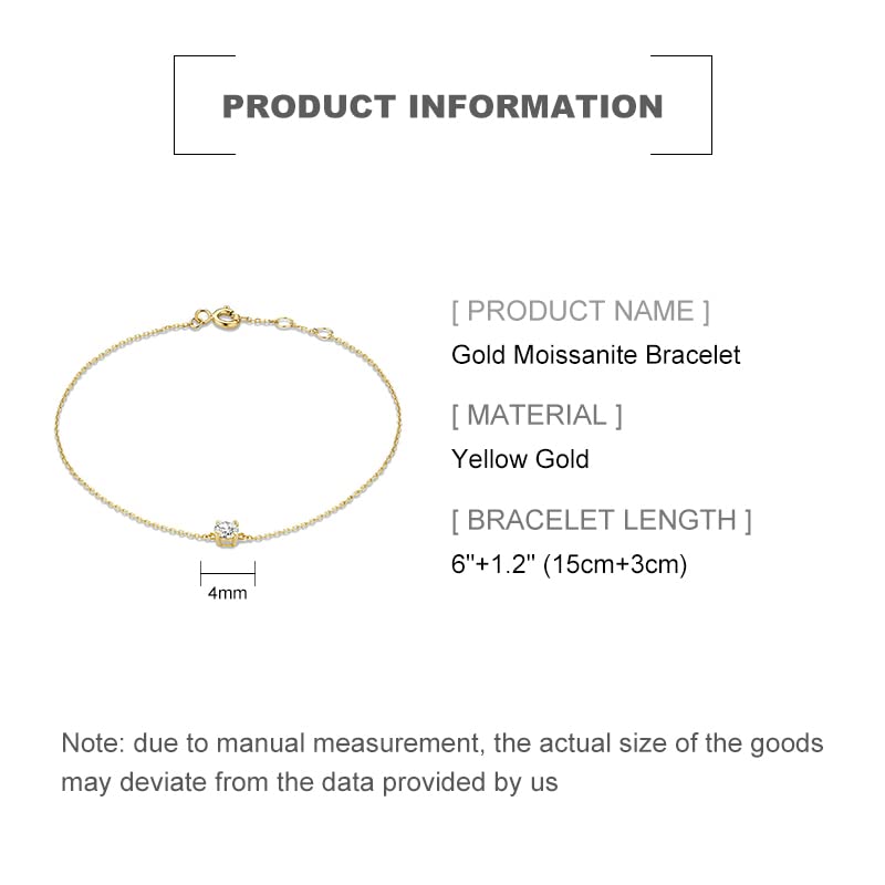 14K Gold Moissanite Bracelet for Women,Dainty Adjustable Extension Chain Bracelet with Diamond,Fashion Jewelry Gifts for Her (Yellow Gold, 14K Gold)