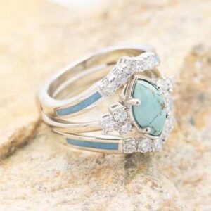 3 PCS Ring Set Natural Turquoise Diamond Rings Turquoise Silver Color Rings for Women Statement Boho Finger RingsTurquoise Jewelry Sparkling Natural Gemstone-7