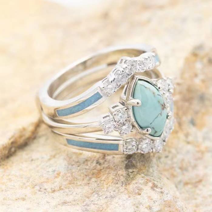 3 PCS Ring Set Natural Turquoise Diamond Rings Turquoise Silver Color Rings for Women Statement Boho Finger RingsTurquoise Jewelry Sparkling Natural Gemstone-7