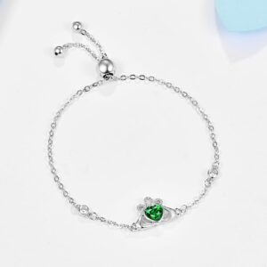 Dreamboat Claddagh Bracelet Irish Jewelry for Women Heart Bracelets Emerald Green Bracelets May Birthstone Bracelet Sterling Silver Adjustable Bracelets Birthday Gifts for Mom