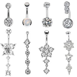 AUXHCYL 8PCS Belly Button Ring,Belly Rings for women Stainless Steel Belly Button Ring Surgical Steel Belly Piercing Silver Dangle Belly Button Rings