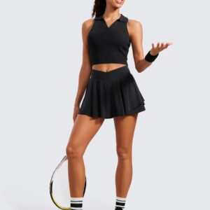 CRZ YOGA Tennis Skirts for Women Crossover High Waisted Ruffle Layered Workout Athletic Golf Skort Skirts with Pockets Black X-Small