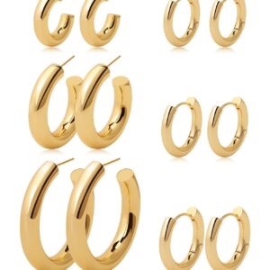 6 Pairs Gold Hoop Earrings Set 14k Gold Plated Huggie Earrings Hypoallergenic Chunky Twisted Thick Jewelry for Multiple Piercing Christmas Gift for Women (6 pairs gold hoop style-04)