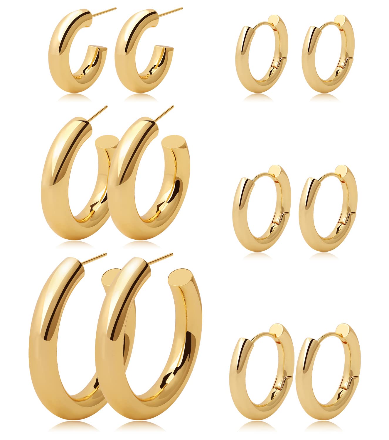 6 Pairs Gold Hoop Earrings Set 14k Gold Plated Huggie Earrings Hypoallergenic Chunky Twisted Thick Jewelry for Multiple Piercing Christmas Gift for Women (6 pairs gold hoop style-04)