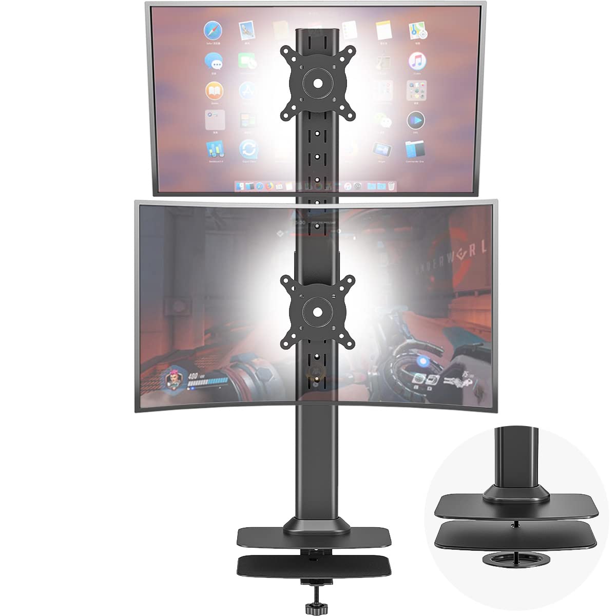 HEMUDU Dual Monitor Articulating Desk Mount Arm Stand - Vertical Stack Screen Supports Two 13 to 34 Inch & Monitor Mount Reinforcement Plate