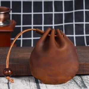 Wugebud 1 Pcs Mini Leather Drawstring Coin Purse Vintage Leather Coin Bag, Coin Organizer, Change Holder,Leather Drawstring Pouch for Men & Women