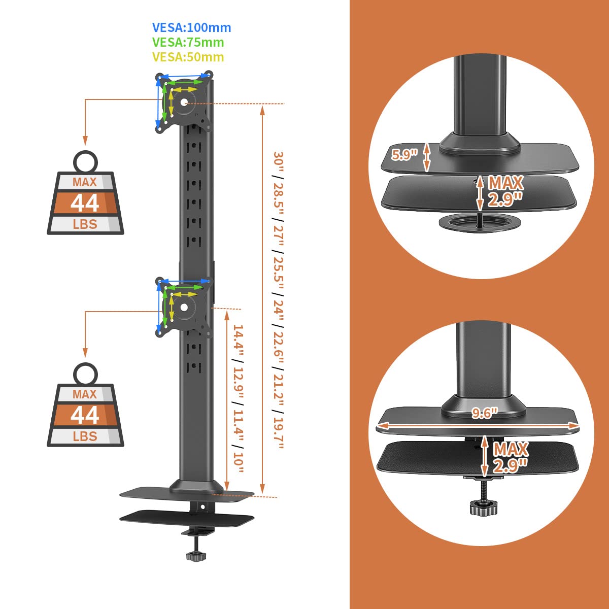 HEMUDU Dual Monitor Articulating Desk Mount Arm Stand - Vertical Stack Screen Supports Two 13 to 34 Inch & Monitor Mount Reinforcement Plate