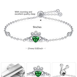 Dreamboat Claddagh Bracelet Irish Jewelry for Women Heart Bracelets Emerald Green Bracelets May Birthstone Bracelet Sterling Silver Adjustable Bracelets Birthday Gifts for Mom